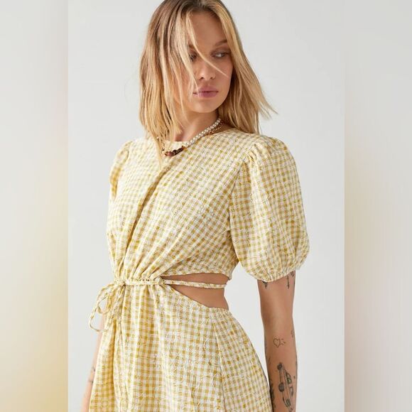 Anthropologie En Saison Gingham Floral Yellow Kanika Puff Sleeve Midi Dress L - Picture 4 of 7